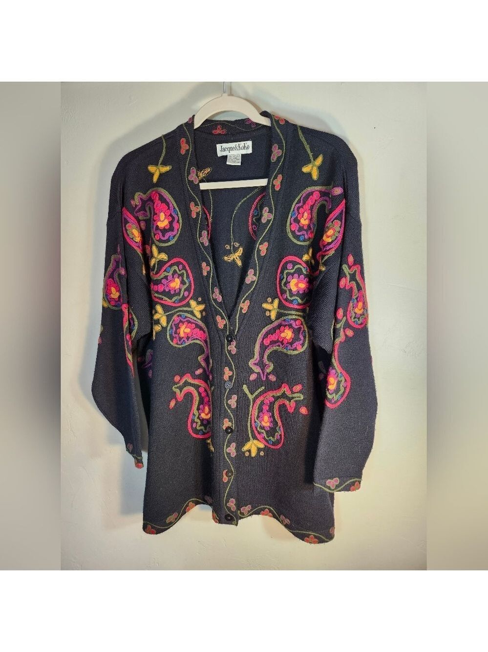 Jacque & Koko Multicolor Embroridered Paisley Knit Cardigan Sz 14/16